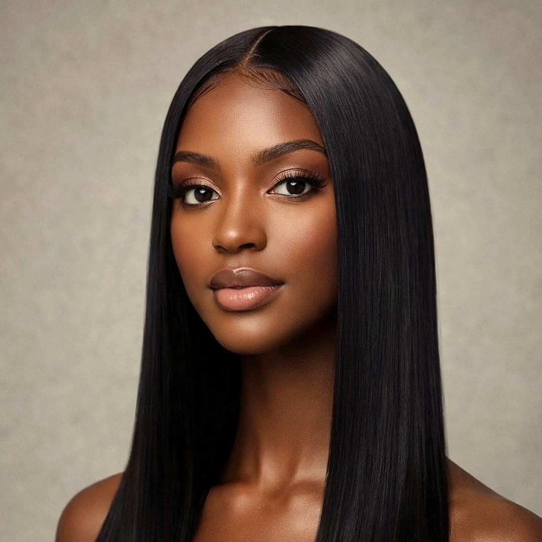A woman with a silky straight glueless wig