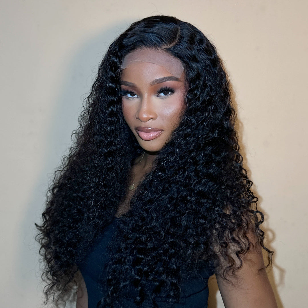 22 inch natural black deep curly human hair wig front view