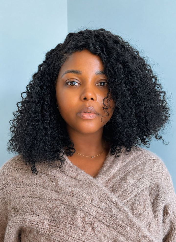 Woman with curly hair wearing hair