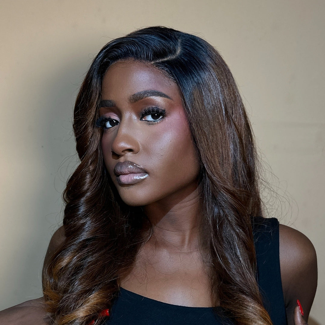 Amber Muse glueless body wave wig with two-toned caramel colour