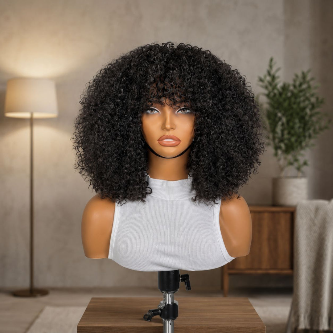 Curly Fringe glueless wig in natural black human hair