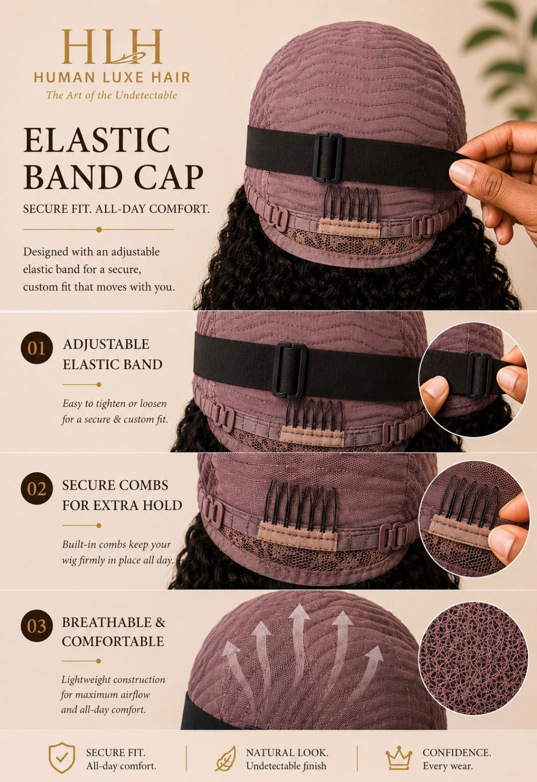 Élan Noir glueless wig cap and fringe detail
