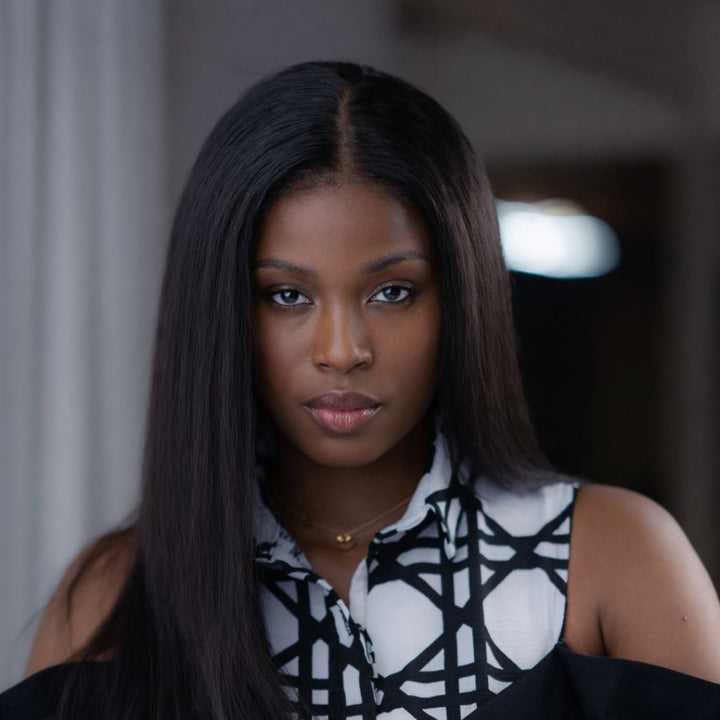 Textured straight raw human hair wig in natural black