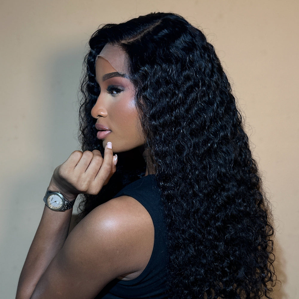 Natural black deep curly lace closure wig with full curl volume