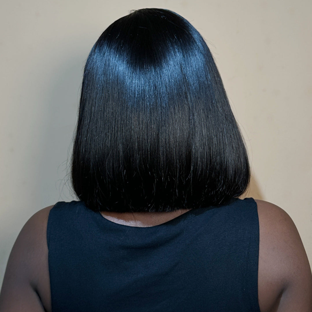 Natural black glueless lace closure bob wig rear view