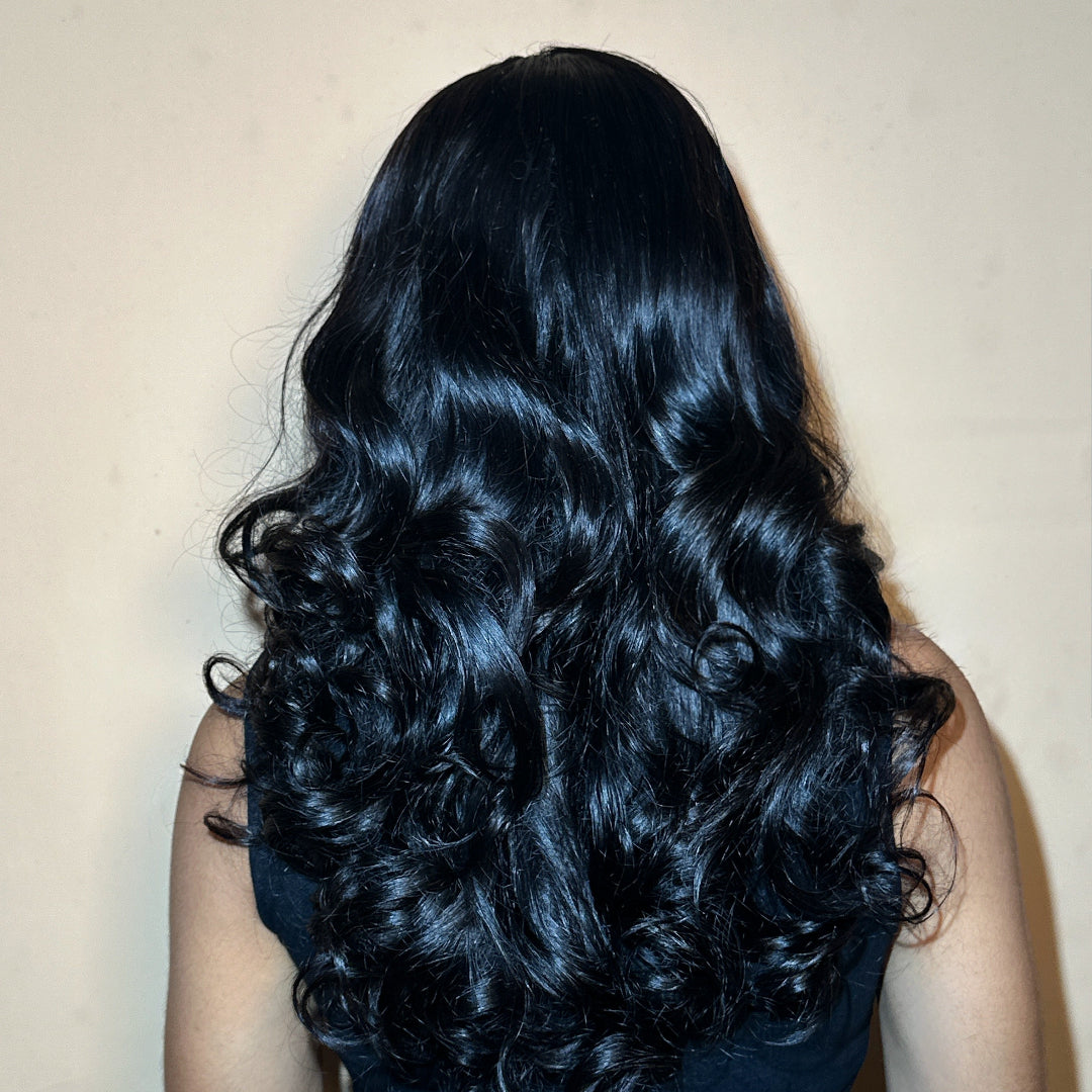 Natural black bouncy curl fringe wig with glueless cap construction
