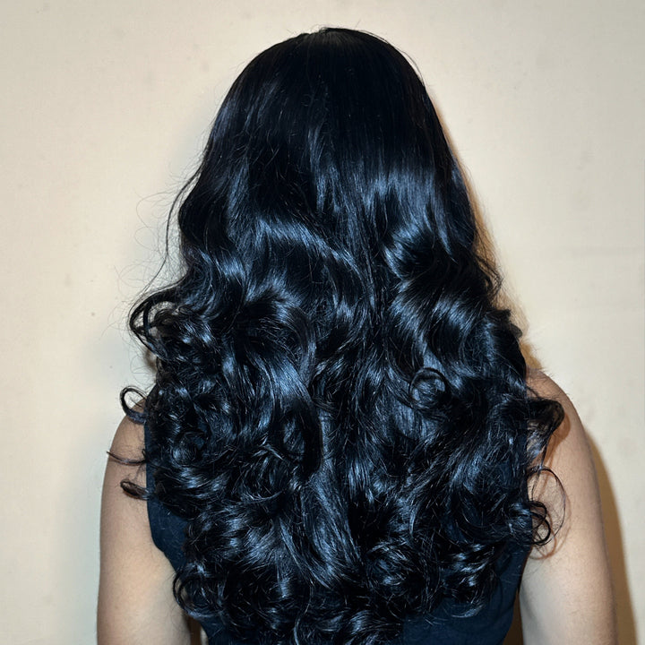 Natural black bouncy curl fringe wig with glueless cap construction