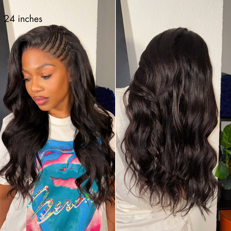 Side Braided Yaki Body Wave Glueless Ear-to-ear 13x6 Frontal HD Lace Wig Human Hair Flexi-Fit Drawstring Cap