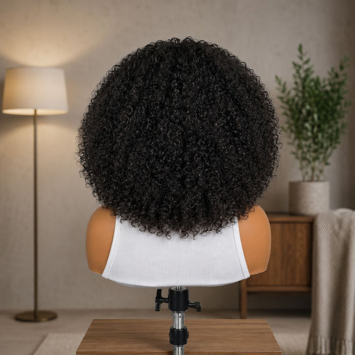 12 inch curly human hair wig with built-in fringe